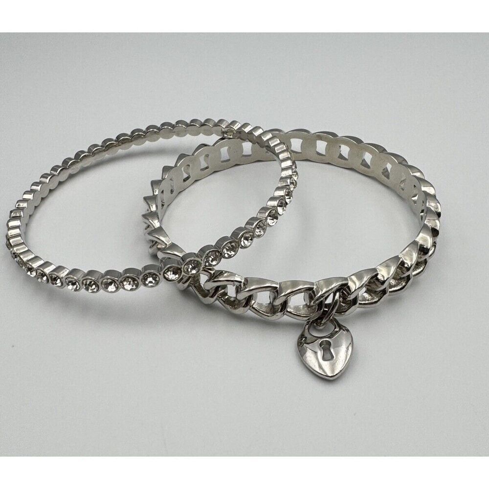Set Of 2 Graziano Cn Silver Tone Stack Bangle Bracelets Pave Rhinestones 8.5